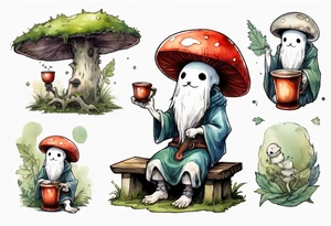 a kodama wearing a mushroom hat and a mossy beard and a medieval tunic drinking from a wood cup, sitting on a bench smiling tattoo idea