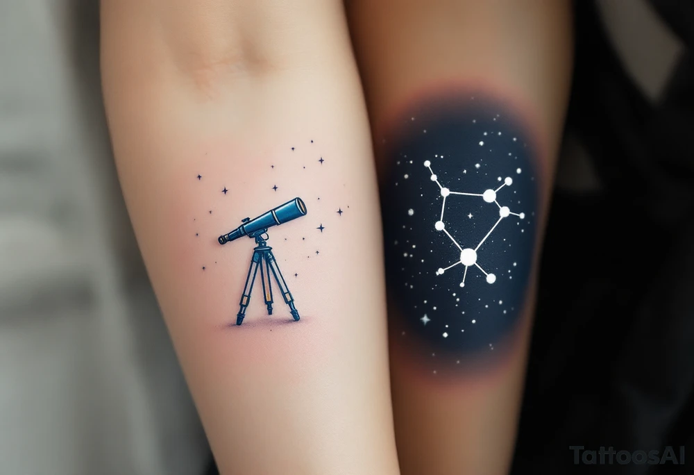 One wears a telescope facing the stars, the other a constellation in delicate white ink on deep navy skin, forming a shared universe. tattoo idea