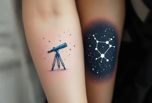 One wears a telescope facing the stars, the other a constellation in delicate white ink on deep navy skin, forming a shared universe. tattoo idea