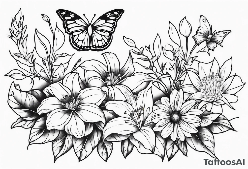 Butterflies with lilys, asters and morning glories tattoo idea