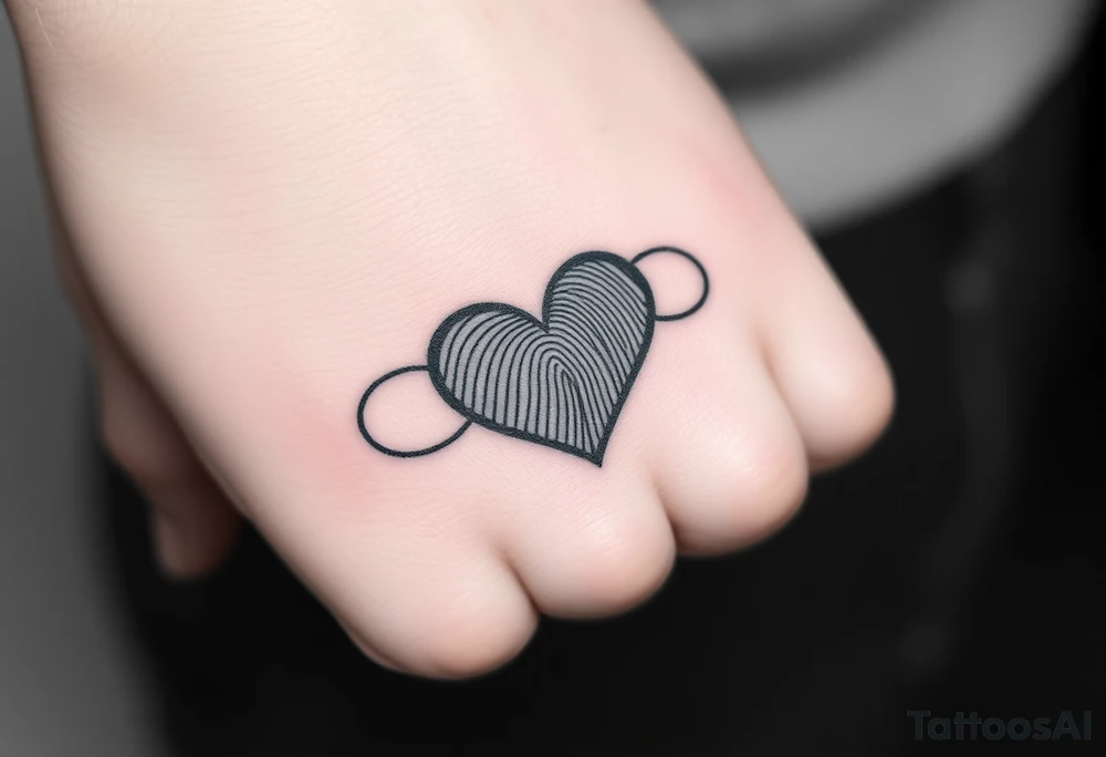 An intertwined infinity design with a fingerprint heart texture in black and grey realism tattoo idea