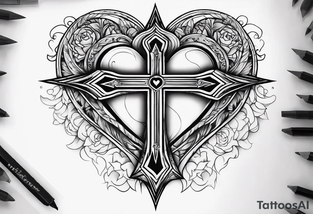 Heartbroken wit a cross and a heart that say destiny tattoo idea