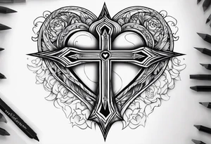 Heartbroken wit a cross and a heart that say destiny tattoo idea