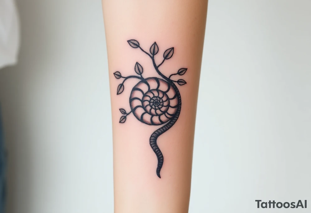 Fibonacci spiral shell inside of tree with leaves tattoo idea