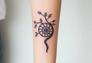 Fibonacci spiral shell inside of tree with leaves tattoo idea