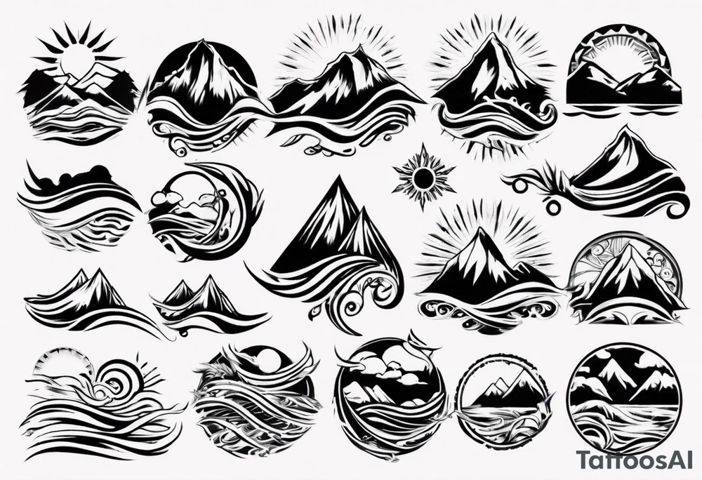 mountains, beach, waves, sun tattoo idea