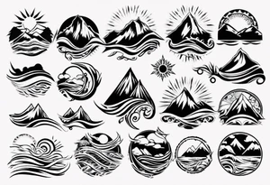 mountains, beach, waves, sun tattoo idea
