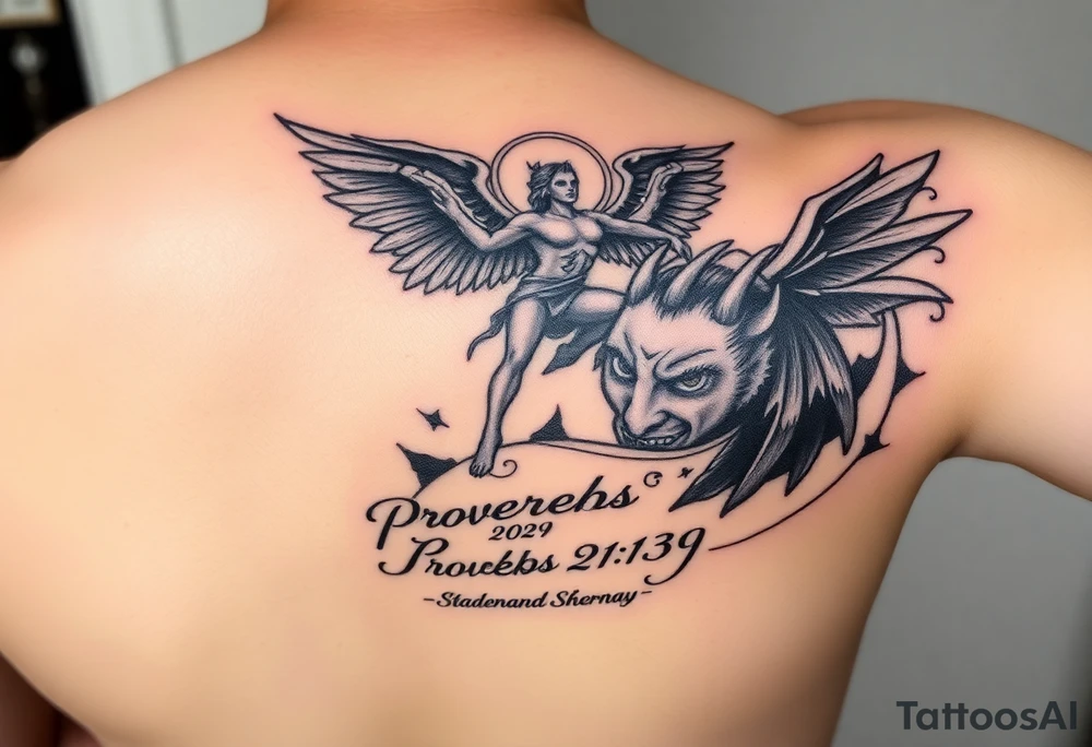 i want to fill my whole forearm so a full half sleeve can you generate archangel micheal stepping on the devils head like defeating him and then can you put  proverbs 21:39 below and put my moms name “Sharnay” with her eyes and fill wtv you want in with the rest just match the theme put it on the forearm tattoo idea