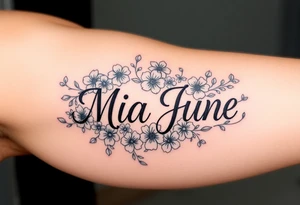The name Mia June, surrounded by lots of flowers and shamrocks tattoo idea