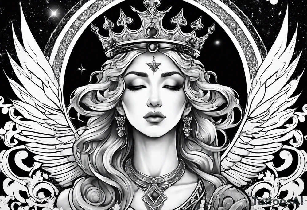 Neck tattoo angelic with a hint of space and god and clouds and crown tattoo idea