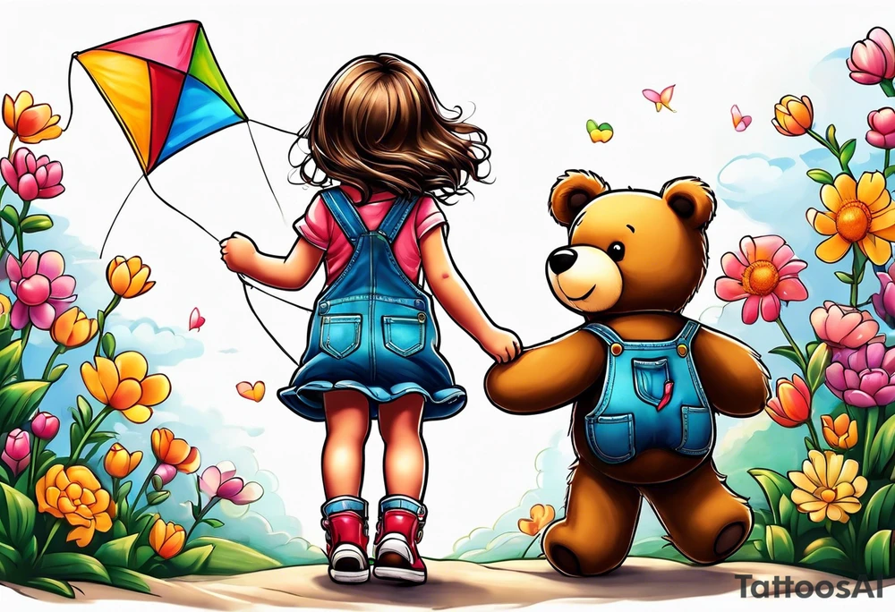 back image of a little girl in a dress, flying a kite and a teddy bear in overalls, standing beside her tattoo idea