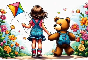 back image of a little girl in a dress, flying a kite and a teddy bear in overalls, standing beside her tattoo idea