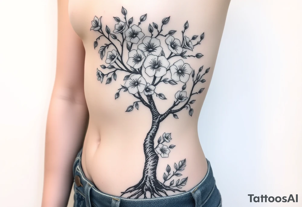 Body of a woman as the trunk forming a blossoming peach tree with morning glories & cosmo flowers small underneath tattoo idea