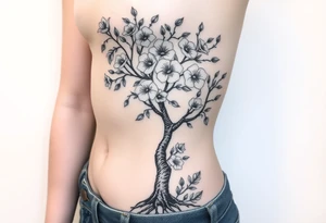 Body of a woman as the trunk forming a blossoming peach tree with morning glories & cosmo flowers small underneath tattoo idea
