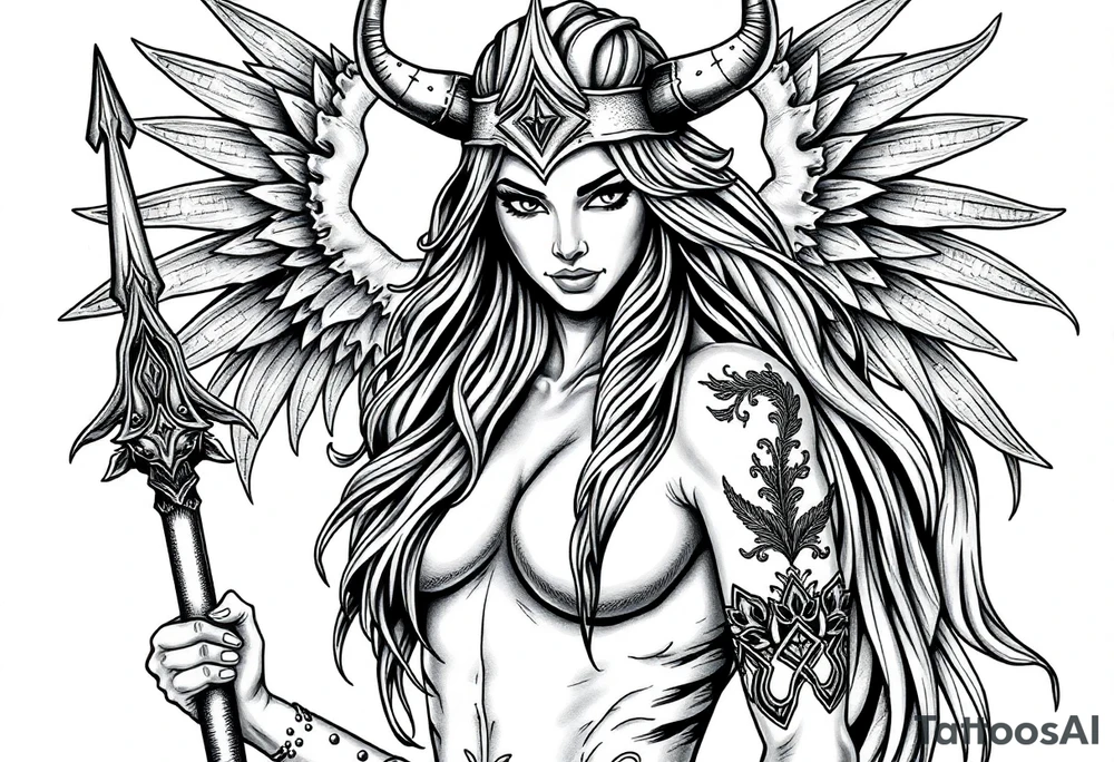 Viking goddess warrior full body sexy long hair pin up tattoo idea