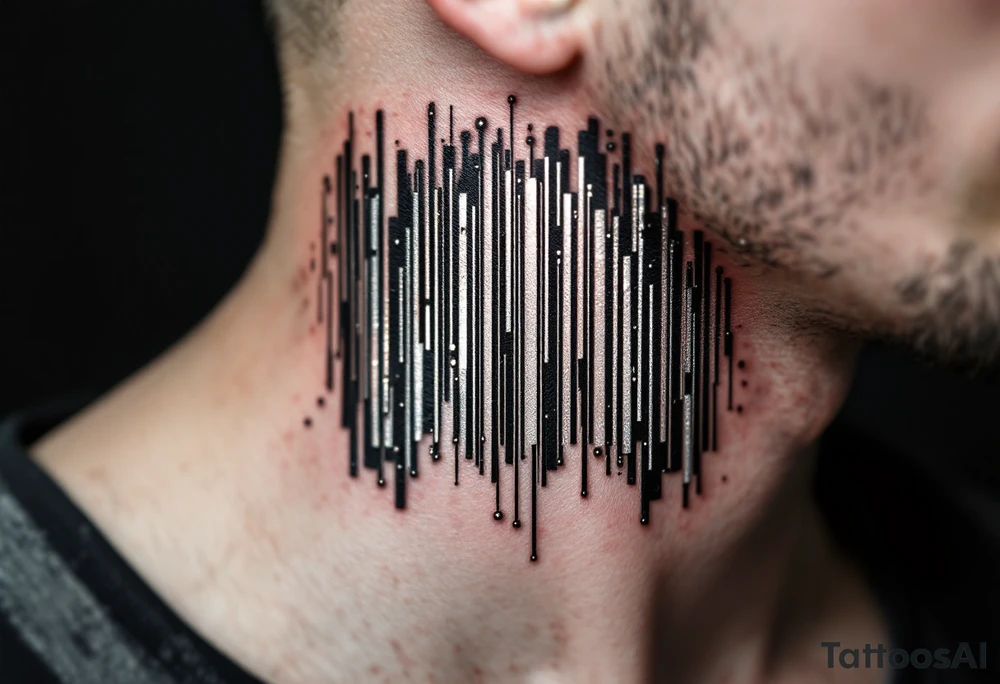 A metallic silver and black barcode with a 3D effect, creating the illusion of depth and a futuristic digital feel. tattoo idea