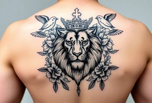 powerful majestic lion with a crown, surrounded by floral ornaments and birds tattoo idea