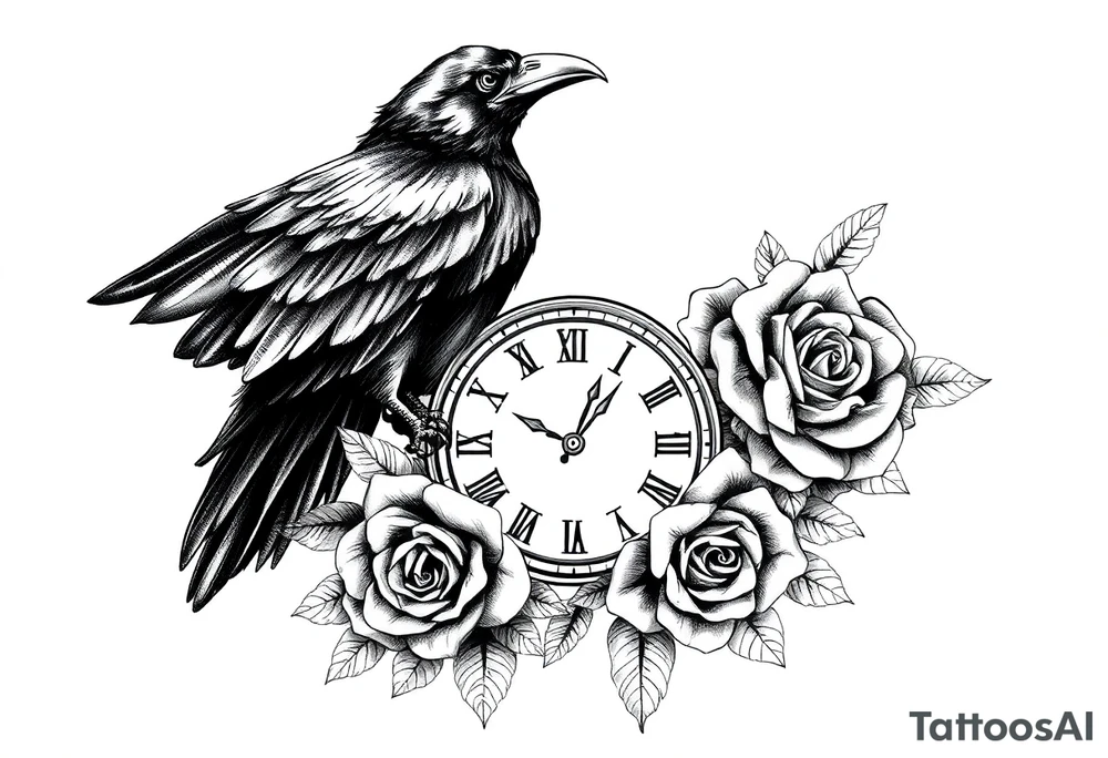 raven,roses,clock. tattoo idea