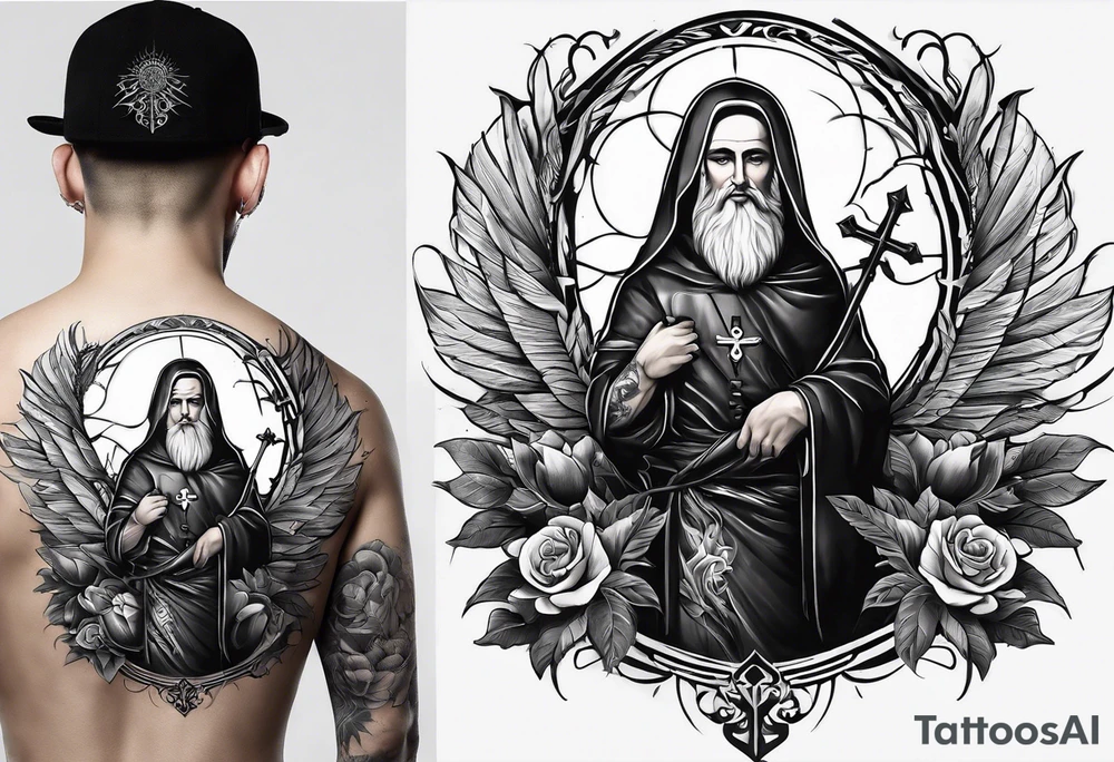 A basic tattoo that is placed on the upper back of a male. It should represent catholic religion, discipline, pain and the love to animals. tattoo idea