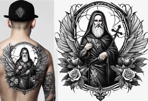 A basic tattoo that is placed on the upper back of a male. It should represent catholic religion, discipline, pain and the love to animals. tattoo idea
