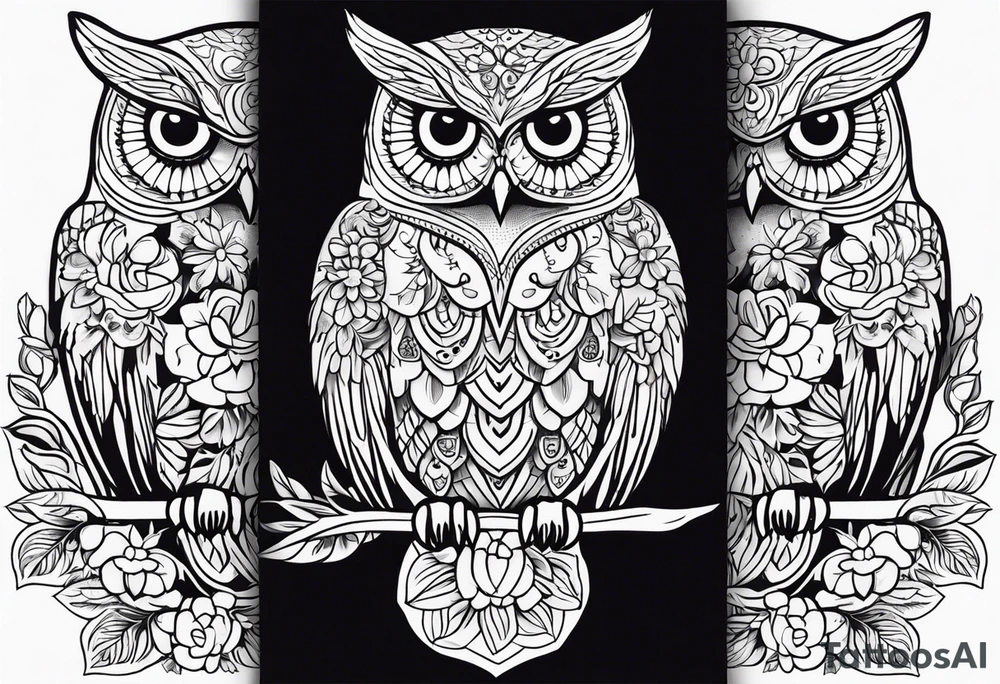 female owl with flowers tattoo idea