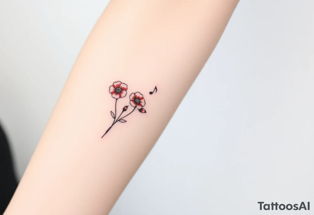 Red flowers with black music notes tattoo idea