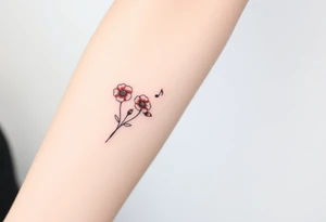 Red flowers with black music notes tattoo idea