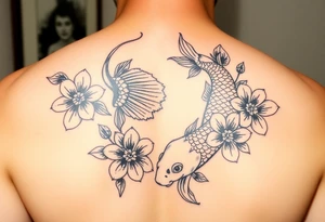 2004 Romain with big koi fish and Japanese blossoms tattoo idea