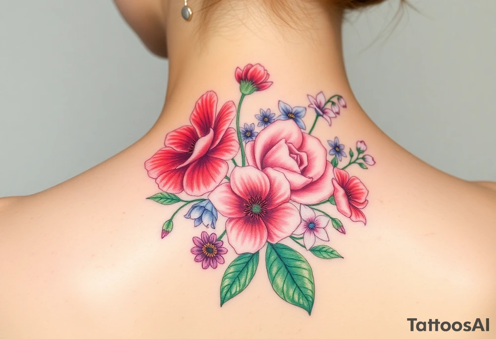 Carnation, Aster,Rose, Lily of the valley, Larkspur, watercolor flowers, middle of back clump together tattoo idea
