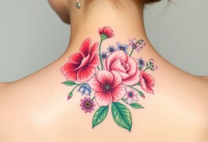 Carnation, Aster,Rose, Lily of the valley, Larkspur, watercolor flowers, middle of back clump together tattoo idea