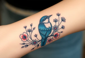 Angry bluebird surrounded by wild flowers tattoo idea