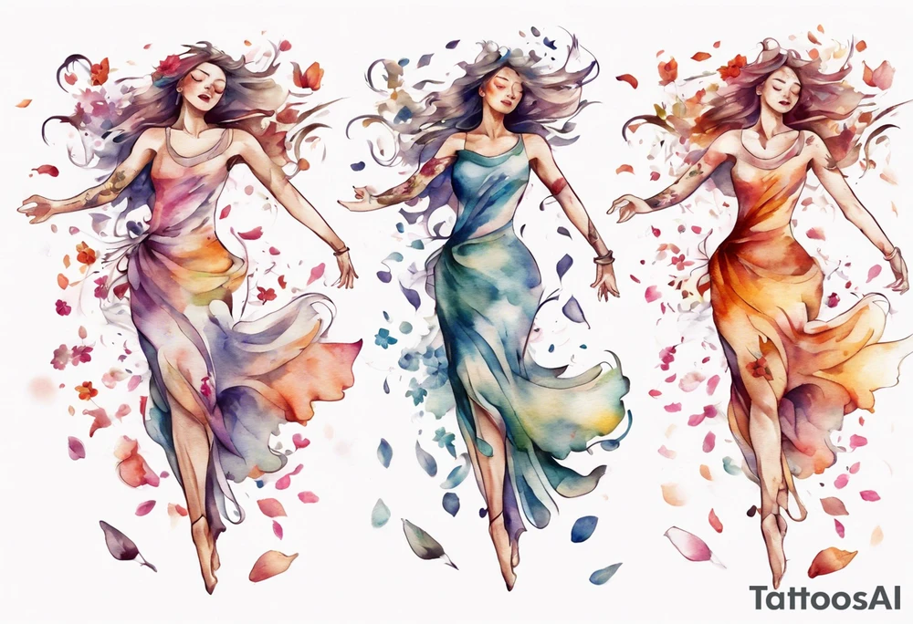 One Very feminine woman dancing in a wind of flower petals tattoo idea