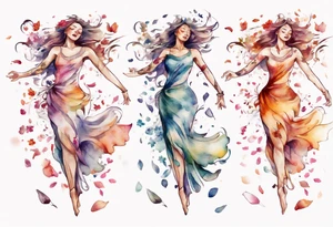 One Very feminine woman dancing in a wind of flower petals tattoo idea