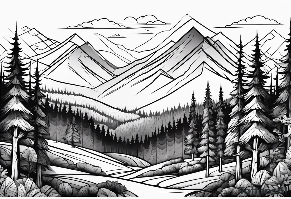 forest along the edges where there are fires below and in the distance with full trees tattoo idea