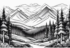 forest along the edges where there are fires below and in the distance with full trees tattoo idea