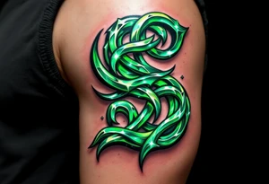 A shiny emerald green "S" with intricate Celtic knotwork wrapped around it. tattoo idea
