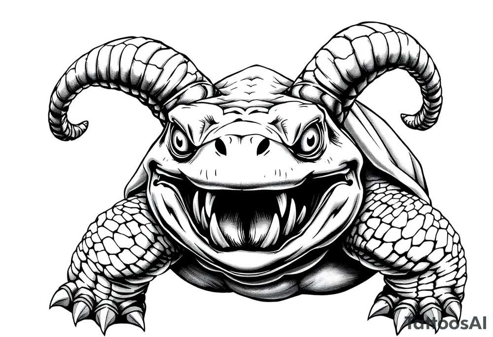 2 slaves powerful and angry turtle with goat horns and huge teeth and ALIEN EYES tattoo idea