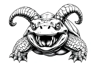 2 slaves powerful and angry turtle with goat horns and huge teeth and ALIEN EYES tattoo idea