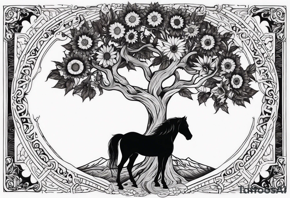 Yggdrasil tree, horse, sunflower tattoo idea