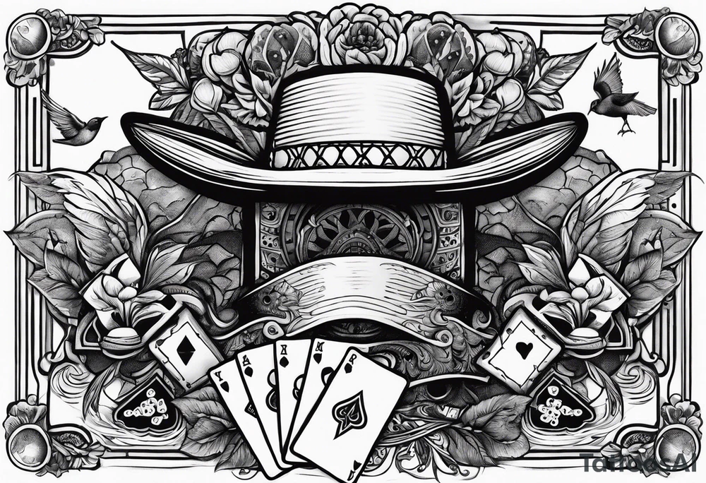 wild west sleeve with playing cards, dice, and birds tattoo idea