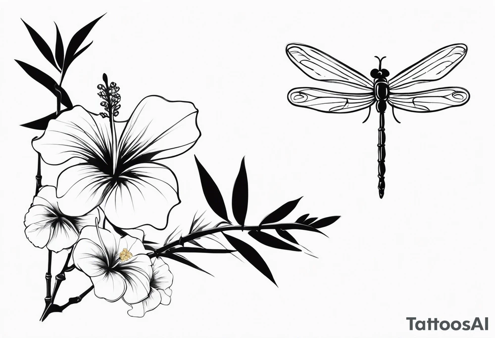 bamboo branch, monstera leaf, hibiscus flower, small barbed wire dragonfly tattoo idea