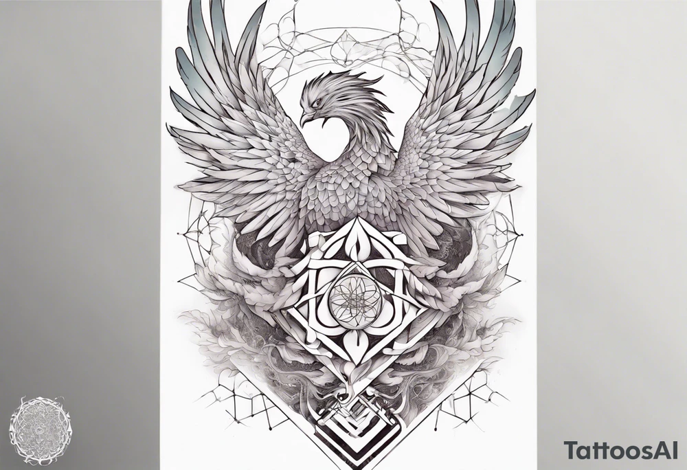 Sleeve for woman's arm sacred geometry Metatron's cube with phoenix tattoo idea