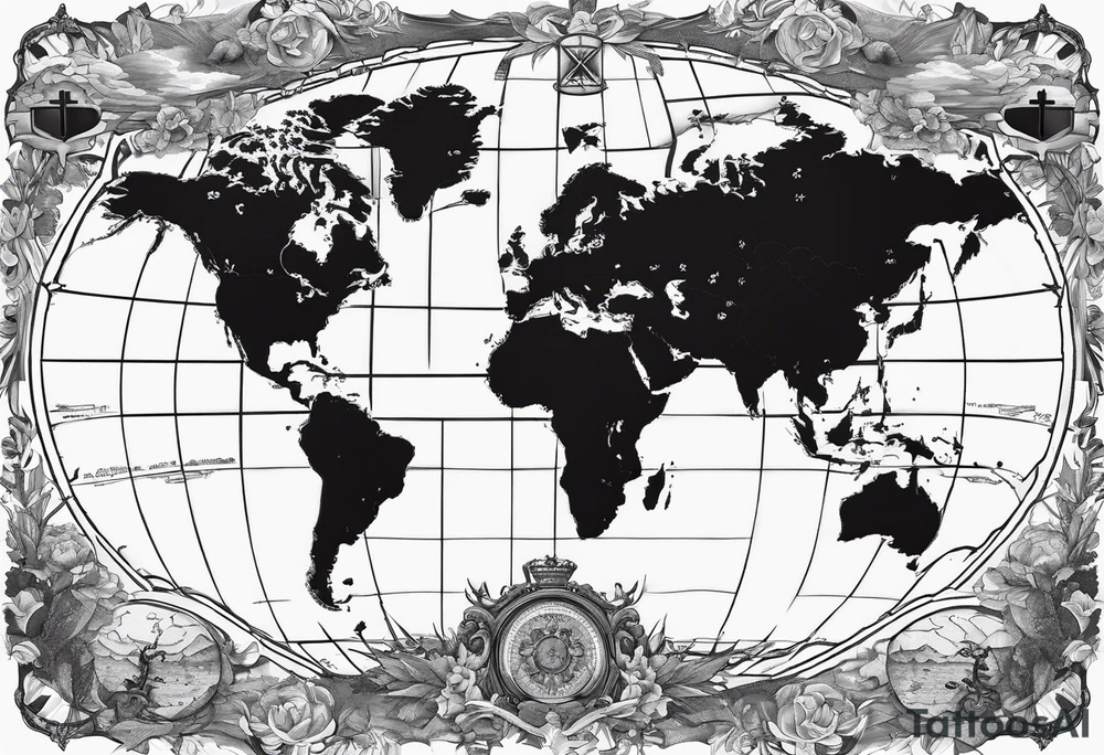 World map with the cross in the middle hovering over it tattoo idea World map with the cross in the middle hovering over it tattoo idea