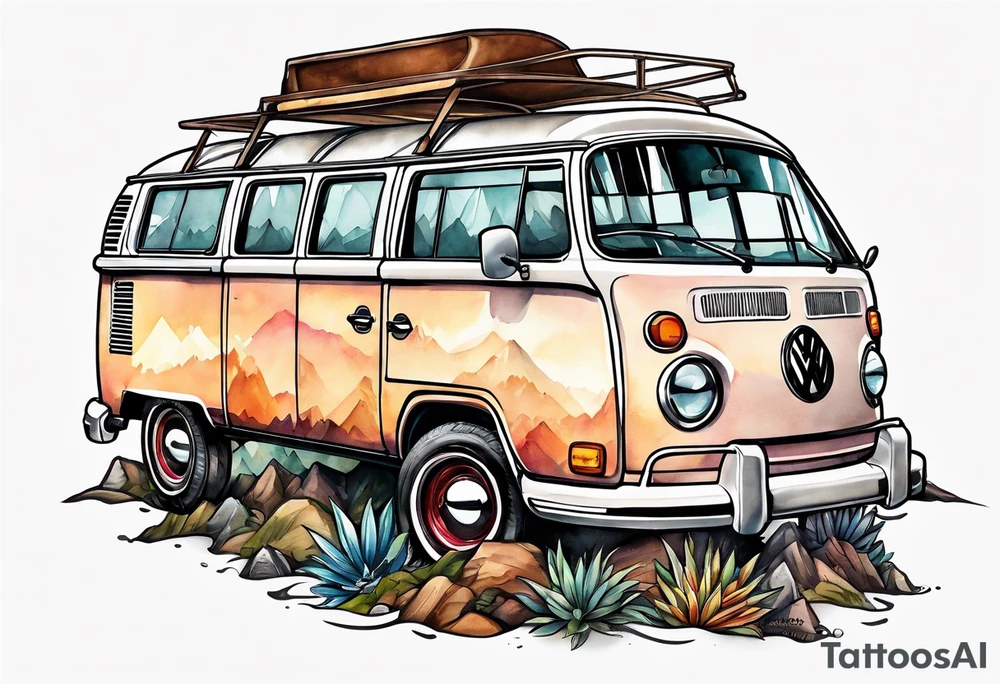 Compass, mountains and VW Komi campervan tattoo idea