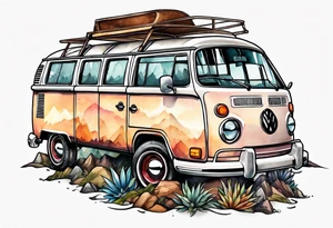 Compass, mountains and VW Komi campervan tattoo idea