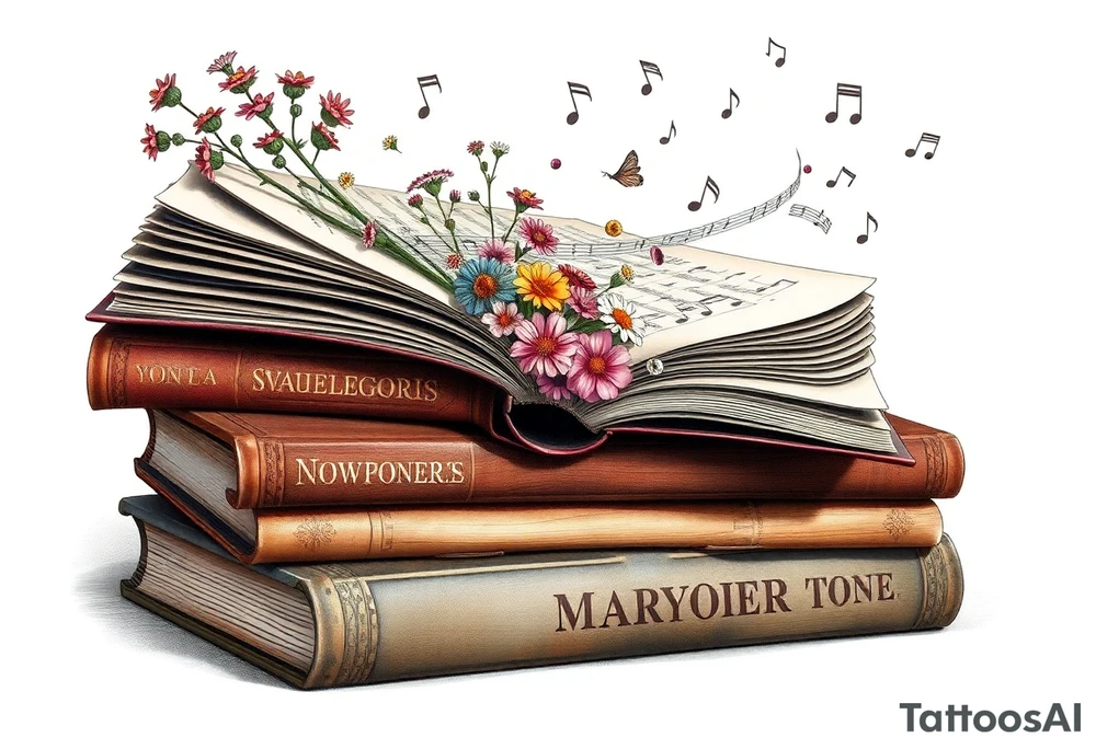 stack of 3 vintage books with various names on the spines top book open with bouquet of different kinds of wild 
flowers coming out of it
Music notes dancing around in the background tattoo idea