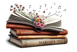 stack of 3 vintage books with various names on the spines top book open with bouquet of different kinds of wild 
flowers coming out of it
Music notes dancing around in the background tattoo idea