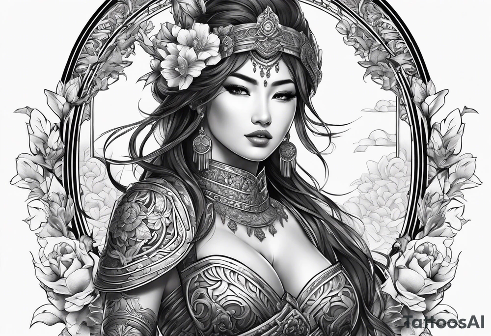 ornate beautiful woman warrior with weapon & floral arch background tattoo from head to torso tattoo idea