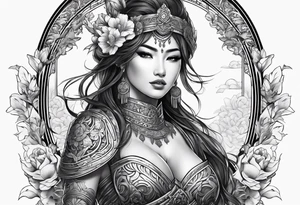 ornate beautiful woman warrior with weapon & floral arch background tattoo from head to torso tattoo idea