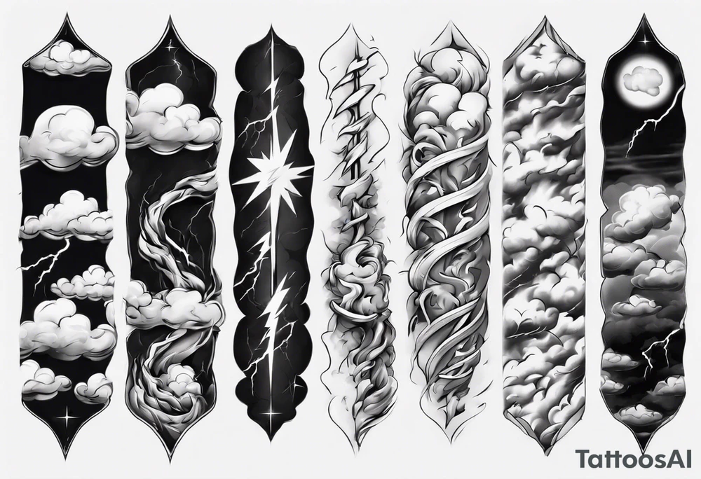 forearm sleeve lightning and clouds pattern tattoo idea